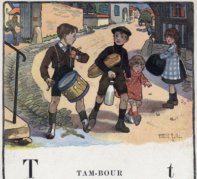 Kinderbuch „Ich werde lesen - Methodisches und lustiges Alphabet von einem Vater“ 1926. Illustration von Robert Salles (1871-1929). Abecedarium: Buchstabe T wie Trommel von Robert Salles