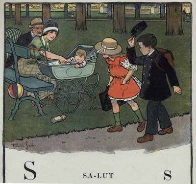Kinderbuch „Ich werde lesen - Methodisches und lustiges Alphabet von einem Vater“ 1926. Illustration von Robert Salles (1871-1929). Abecedarium: Buchstabe S wie Salut. Ein Junge grüßt ein Paar und ihr Baby, indem er seine Mütze hebt. von Robert Salles
