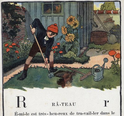 Kinderbuch „Ich werde lesen - Methodisches und lustiges Alphabet von einem Vater“ 1926. Illustration von Robert Salles (1871-1929). Abecedarium: Buchstabe R wie Rechen. Ein Junge im Garten seines Hauses. von Robert Salles