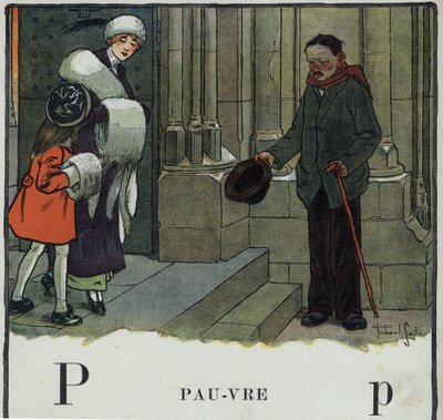 Kinderbuch „Ich werde lesen - Methodisches und lustiges Alphabet von einem Vater“ 1926. Illustration von Robert Salles (1871-1929). Abecedarium: Buchstabe P wie Arm. Ein Bettler bettelt vor der Kirche. von Robert Salles