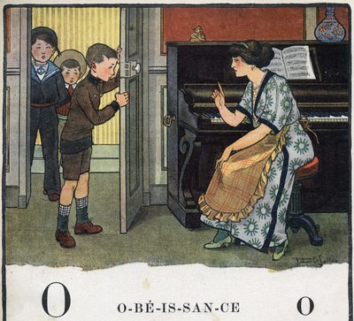 Kinderbuch „Ich werde lesen - Methodisches und lustiges Alphabet von einem Vater“ 1926. Illustration von Robert Salles (1871-1929). Abecedarium: Buchstabe O wie Gehorsam. Eine Mutter schimpft mit ihren Jungen. von Robert Salles