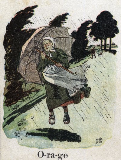 Kinderbuch „Ich werde lesen - Methodisches und lustiges Alphabet von einem Vater“ 1926. Illustration von Robert Salles (1871-1929). „Sturm“: Eine Frau im Regen schützt sich mit ihrem Regenschirm. von Robert Salles