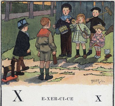 Kinderbuch „Ich werde lesen - Methodisches und lustiges Alphabet von einem Vater“ 1926. Illustration von Robert Salles (1871-1929). Abecedarium: Buchstabe X wie Übung. Kinder spielen Militär. von Robert Salles