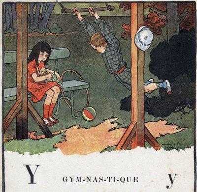 Kinderbuch „Ich werde lesen - Methodisches und lustiges Alphabet von einem Vater“ 1926. Illustration von Robert Salles (1871-1929). Abecedarium: Buchstabe Y wie Gymnastik. Ein Junge am Trapez, während ein Mädchen mit einer Puppe spielt. von Robert Salles