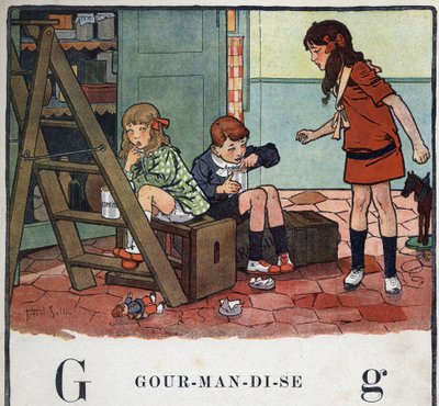 Kinderbuch „Ich werde lesen - Methodisches und lustiges Alphabet von einem Vater“ 1926. Illustration von Robert Salles (1871-1929). Abecedarium: Buchstabe G wie Nascherei. Mädchen und Jungen essen heimlich kandierte Früchte. von Robert Salles