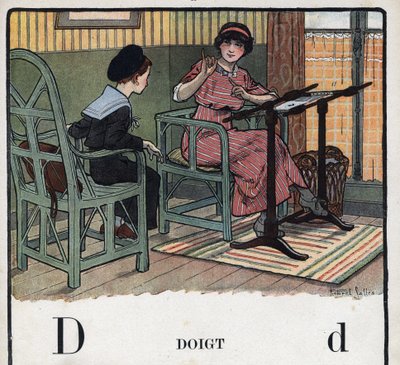 Kinderbuch „Ich werde lesen - Methodisches und lustiges Alphabet von einem Vater“ 1926. Illustration von Robert Salles (1871-1929). Abecedarium: Buchstabe D wie Finger. Eine Mutter erklärt ihrem Sohn die Stickerei von Robert Salles