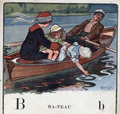 Kinderbuch „Ich werde lesen - Methodisches und lustiges Alphabet von einem Vater“ 1926. Illustration von Robert Salles (1871-1929). Abecedarium: Buchstabe B wie Boot. Eine Familie macht eine Bootsfahrt von Robert Salles