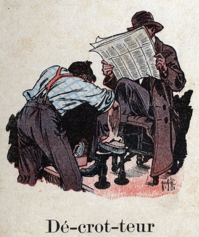 Kinderbuch „Ich werde lesen - Methodisches und lustiges Alphabet von einem Vater“, 1926. Illustration von Robert Salles (1871-1929). „Schuhputzer“: Ein Schuhputzer reinigt die Schuhe eines Kunden, der Zeitung liest. von Robert Salles