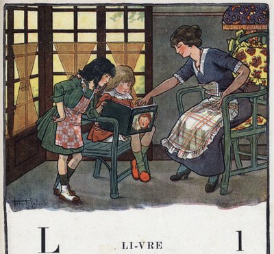 Kinderbuch „Ich werde lesen - Methodisches und lustiges Alphabet von einem Vater“, 1926. Illustration von Robert Salles (1871-1929). Abecedarium: Buchstabe L wie Buch. Eine Mutter bringt ihrer Tochter das Lesen bei. von Robert Salles