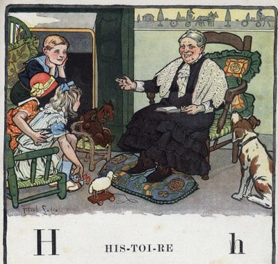 Kinderbuch „Ich werde lesen - Methodisches und lustiges Alphabet von einem Vater“, 1926. Illustration von Robert Salles (1871-1929). Abecedarium: Buchstabe H wie Geschichte. Eine Großmutter erzählt ihren Enkeln Geschichten am Kamin. von Robert Salles
