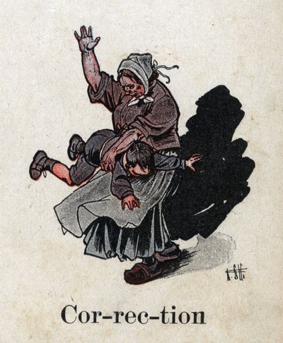 Kinderbuch „Ich werde lesen - Methodisches und lustiges Alphabet von einem Vater“ 1926. Illustration von Robert Salles (1871-1929). „Korrektur“. Bestrafung: Eine Mutter bestraft ihr Kind von Robert Salles