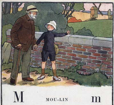 Kinderbuch „Ich werde lesen - Methodisches und lustiges Alphabet von einem Vater“ 1926. Illustration von Robert Salles (1871-1929). Abecedaire: Buchstabe M wie Mühle. Ein Junge geht mit seinem Großvater spazieren. Er zeigt auf eine Windmühle von Robert Salles