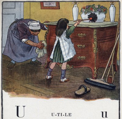 Kinderbuch „Ich werde lesen - Methodisches und lustiges Alphabet von einem Vater“ 1926. Illustration von Robert Salles (1871-1929). Abecedaire: Buchstabe U wie Nützlich. Ein Mädchen hilft beim Putzen und Staubwischen von Robert Salles