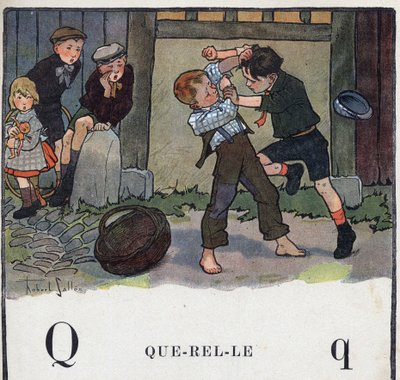 Kinderbuch „Ich werde lesen - Methodisches und lustiges Alphabet von einem Vater“ 1926. Illustration von Robert Salles (1871-1929). Abecedaire: Buchstabe Q wie Streit. Zwei Jungen kämpfen im Hof von Robert Salles