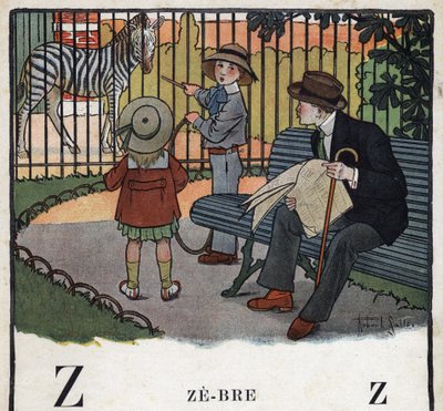 Kinderbuch „Ich werde lesen - Methodisches und lustiges Alphabet von einem Vater“ 1926. Illustration von Robert Salles (1871-1929). Abecedaire: Buchstabe Z wie Zebra. Kinder, mit einem Reifen, schauen sich ein Zebra im Zoo an von Robert Salles