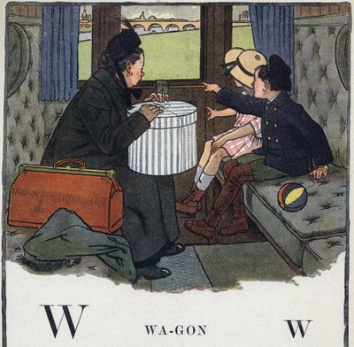 Kinderbuch „Ich werde lesen - Methodisches und lustiges Alphabet von einem Vater“ 1926. Illustration von Robert Salles (1871-1929). Abecedaire: Buchstabe W wie Wagen. Zwei Kinder reisen mit ihrer Mutter in einem Zugabteil von Robert Salles