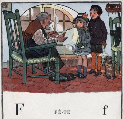 Kinderbuch „Ich werde lesen - Methodisches und lustiges Alphabet von einem Vater“ 1926. Illustration von Robert Salles (1871-1929). Abecedaire: Buchstabe F wie Fest. Ein Mädchen und ein Junge schenken ihrem Großvater Geschenke zu seiner Feier von Robert Salles