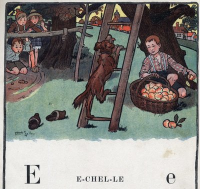 Kinderbuch „Ich werde lesen - Methodisches und lustiges Alphabet von einem Vater“ 1926. Illustration von Robert Salles (1871-1929). Abecedaire: Buchstabe E wie Leiter. Ein Hund klettert auf die Leiter, die an einem Apfelbaum lehnt von Robert Salles