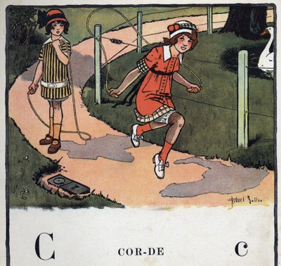 Kinderbuch „Ich werde lesen - Methodisches und lustiges Alphabet von einem Vater“ 1926. Illustration von Robert Salles (1871-1929). Abecedaire: Buchstabe C wie Seil. Zwei Mädchen spielen Seilspringen von Robert Salles