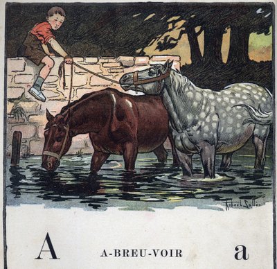 Kinderbuch „Ich werde lesen - Methodisches und lustiges Alphabet von einem Vater“ 1926. Illustration von Robert Salles (1871-1929). Abecedaire: Buchstabe A wie Trinkwasser. Zwei Pferde trinken Wasser von Robert Salles