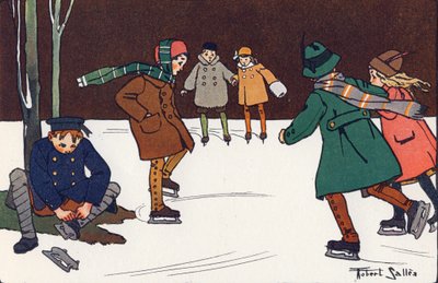 Eislaufen. Gravur in "Was spielen wir?" von E. Weber mit Aquarellzeichnungen von Robert Salles (1871-1929). Librairie Garnier Freres, Paris von Robert Salles