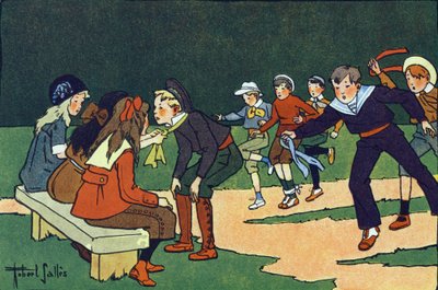 Das Gymkhana (Kurs auf einem Testparcours mit Schiedsrichtern). Gravur in "Was spielen wir?" von E. Weber mit Aquarellzeichnungen von Robert Salles (1871-1929). Librairie Garnier Frères, Paris. von Robert Salles