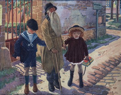 Der Stock des Blinden: Zwei Kinder helfen einem blinden alten Mann beim Gehen. Illustration von Robert Salles (1871-1929) in „Ich kann lesen“. von Robert Salles