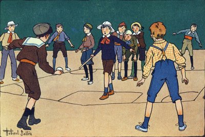 Theque (Mannschaftsspiel mit Ball und Stock). Gravur in „Was spielen wir?“ von E. Weber mit Aquarellzeichnungen von Robert Salles (1871-1929). Librairie Garnier Freres, Paris von Robert Salles