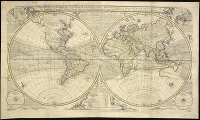 Eine neue Weltkarte in zwei Hemisphären mit den neuen Entdeckungen und Routen der beiden Weltumsegler Dampier und Anson: Gezeichnet nach den neuesten Geographen und stark verbessert von den Sieurs D