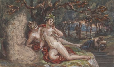 Waldszene mit einem Paar, das unter einem Baum an einem Bach liegt von Robert Smirke