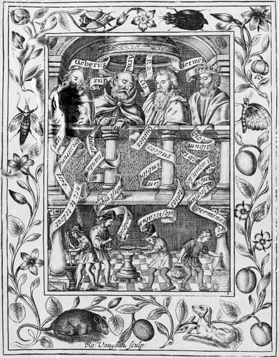 Große Alchemisten inspirieren die Arbeit im Labor aus Theatrum Chemicum Britannicum, 1652 von Robert Vaughan