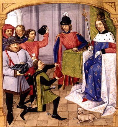 Französischer König Philipp V. (1293-1322) erhält Steuern, Illustration von Robinet Testard aus "Grandes chroniques de France" 1471 von Robinet Testard