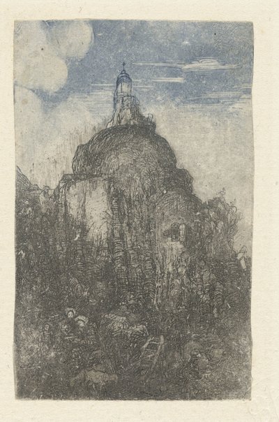 Gebäude auf einem Felsen und ruhende Hirten mit Schafen am Fuß des Felsens von Rodolphe Bresdin