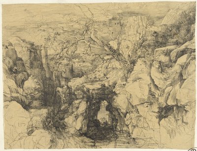 Landschaft mit Felsen und Steinbrücke über Bergstrom von Rodolphe Bresdin