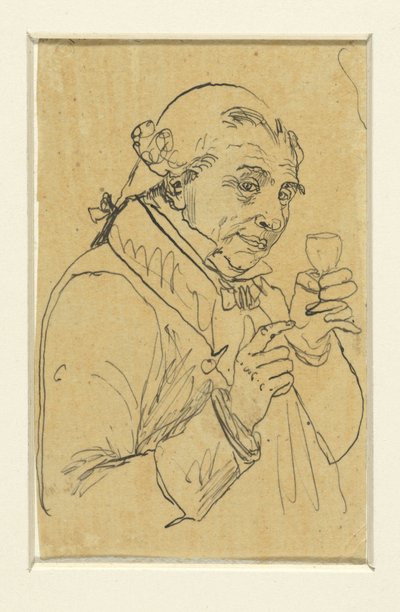 Alter Herr im 18. Jahrhundert Kostüm, in der linken Hand ein Glas Wein erhebend von Rodolphe Bresdin