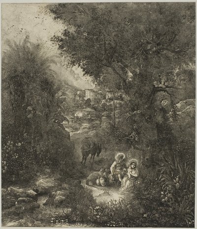 Ruhe auf der Flucht nach Ägypten mit gesatteltem Esel von Rodolphe Bresdin