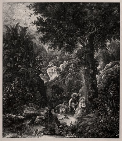 Ruhe auf der Flucht nach Ägypten mit gesatteltem Esel von Rodolphe Bresdin