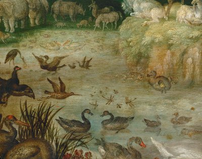 Der Teich. Tiere trinken, Enten schwimmen, ein Einhorn im Hintergrund von Roelandt Jacobsz. Savery