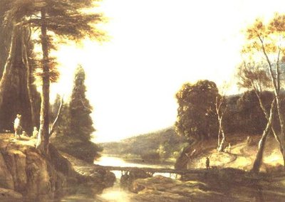 Felsige Waldflusslandschaft mit Bauern auf einem Pfad und Hirten an einer Fußbrücke von Roelandt Roghman