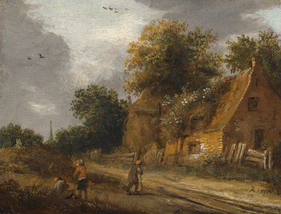 Drei Figuren, die an einer Straße vor einem Cottage vorbeigehen von Roelof Jansz van Vries