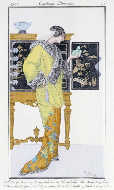 Chinesisches Seidenkleid, gefüttert mit Chinchilla, Samtmantel - in "Journal des dames et de la mode: Costumes Parisiens", Nr. 32 von Roger Broders