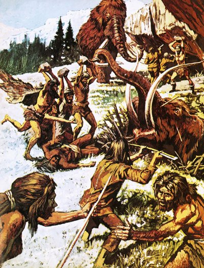Prähistorische Menschen greifen Mammuts an von Roger Payne