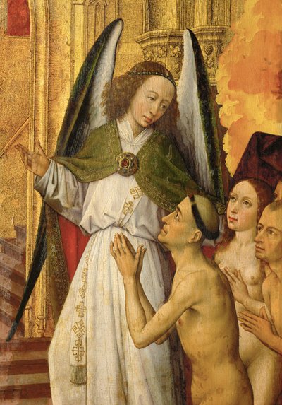 Altar des Jüngsten Gerichts: Detail: Ein Engel führt die Gerechten ins Paradies, eine goldene Kathedrale von Rogier van der Weyden