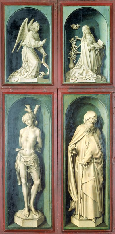 Die Verkündigung, St. Sebastian, St. Antonius der Große und die beiden Stifter, Tafeln von der Rückseite des Jüngsten Gerichts, um 1445-50 von Rogier van der Weyden