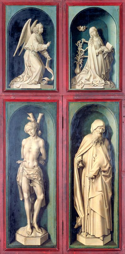 Die Verkündigung, St. Sebastian und St. Antonius der Große, Tafeln von der Rückseite des Jüngsten Gerichts, ca. 1445-50 von Rogier van der Weyden
