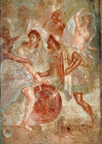 Achilles, als Frau verkleidet, wird von Odysseus unter den Töchtern des Lykomedes auf Scyros erkannt Fresko von Pompeji. 1. Jahrhundert n. Chr. Dim. 145,5x137,5 cm Neapel, Nationales Archäologisches Museum - Römische Kunst. Heftiger Kampf zwischen den Mens von Roman