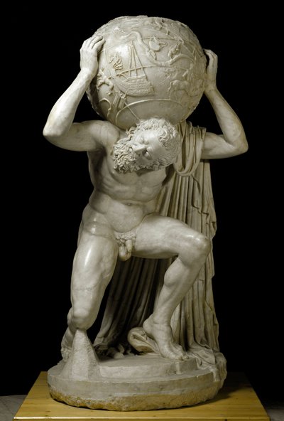 Atlas Farnese Atlas trägt den Himmelsglobus, symbolisiert astronomisches Wissen der Zeit. Römische Marmorskulptur nach einem griechischen Original. 2. Jahrhundert. Dim. 191 cm Museo Archeologico Nazionale, Neapel von Roman
