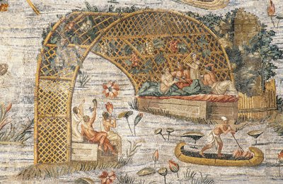 Bankett unter einer Pergola, Detail aus dem Nil-Mosaik der Überschwemmung des Nils in Ägypten, aus dem Heiligtum der Fortuna Primigenia in Palestrina, Latium, Italien, römische Zivilisation von Roman