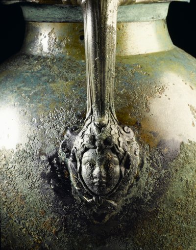 Basis eines Weinkruggriffs, der den Kopf des Bacchus darstellt, vom römischen Standort in Newstead, Melrose, spätes 1. Jahrhundert n. Chr. (Detail) von Roman