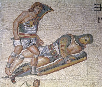 Kampf zwischen Gladiatoren, Detail eines Gladiators, der einen anderen zu Boden drückt, 320 n. Chr. (Mosaik) von Roman